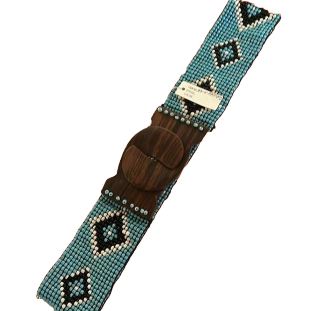 Beaded Belt, 30” Total Without Stretch, wooden buckle, lots of stretch